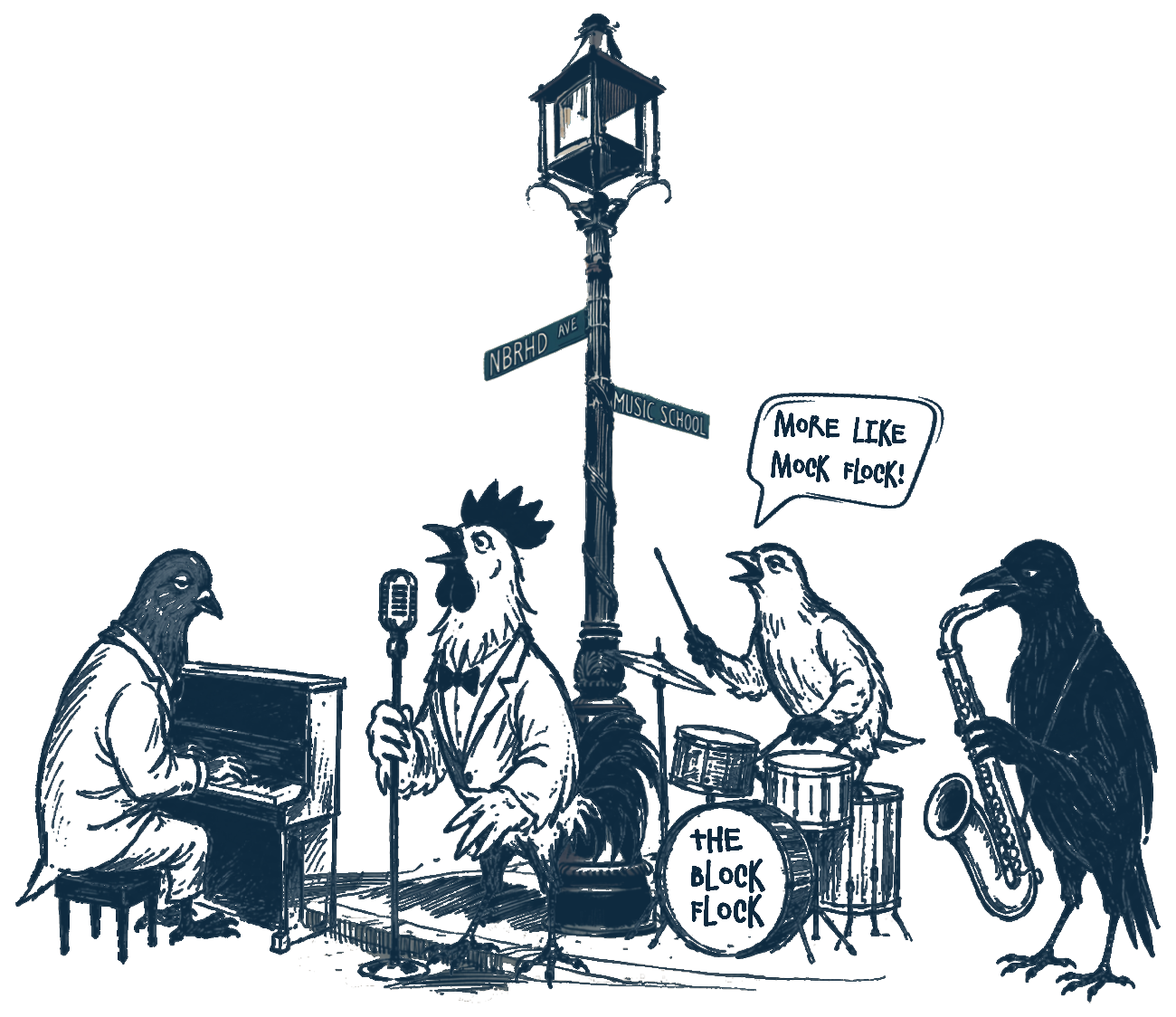 Illustration of a bird jazz band playing piano, upright bass, drums, and saxophone under a streetlamp at the corner of NBRHD Ave and Music School