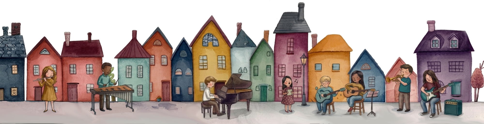 Illustrated row of homes and musicians